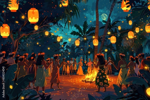 A group of people are dancing around a fire in a jungle photo