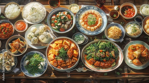 A bountiful feast of various Chinese dishes, including rice, noodles, vegetables, and meat.