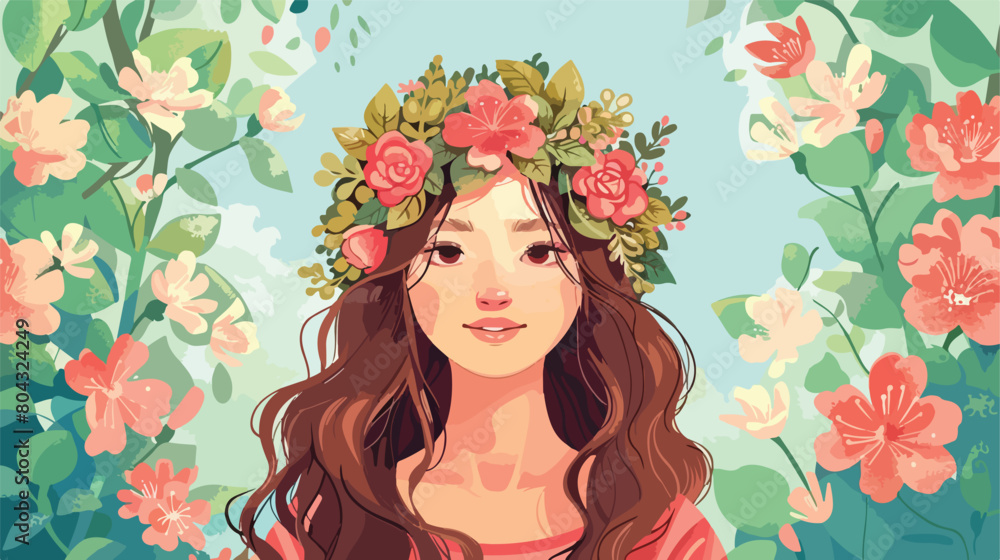 Beautiful young woman wearing flower wreath near blos