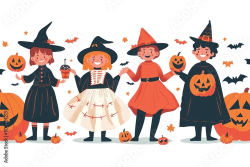 A group of children dressed in Halloween costumes are holding pumpkins