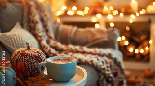 A cozy living room adorned with fall decorations everyone holding mugs of hot cocoa. photo