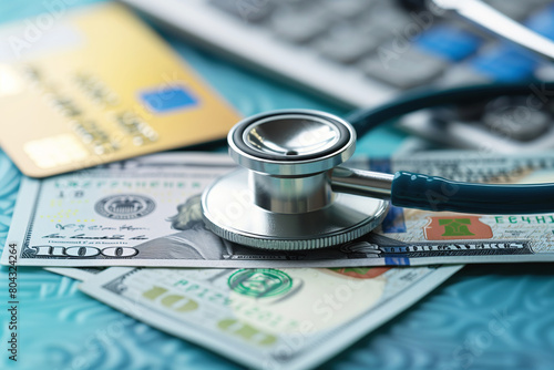 Stethoscope on money and credit cards, symbolizing medical costs.