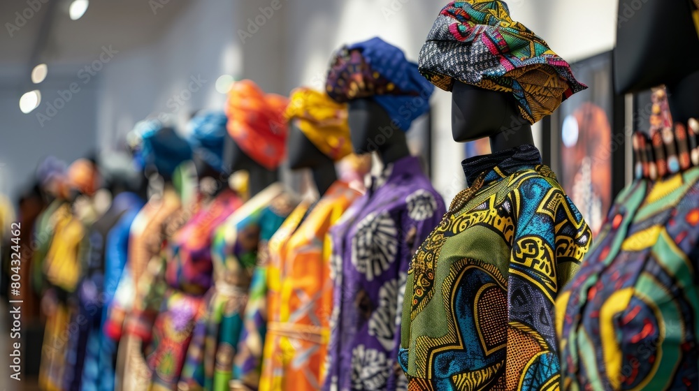 A group of mannequins wearing colorful African-inspired clothing