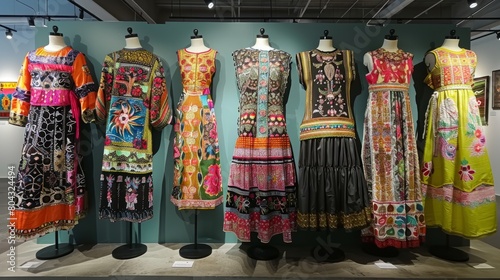 A row of mannequins wearing colorful and intricately embroidered dresses.