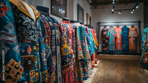 A collection of colorful chinese silk robes with intricate embroidery displayed in a gallery © Rattanathip
