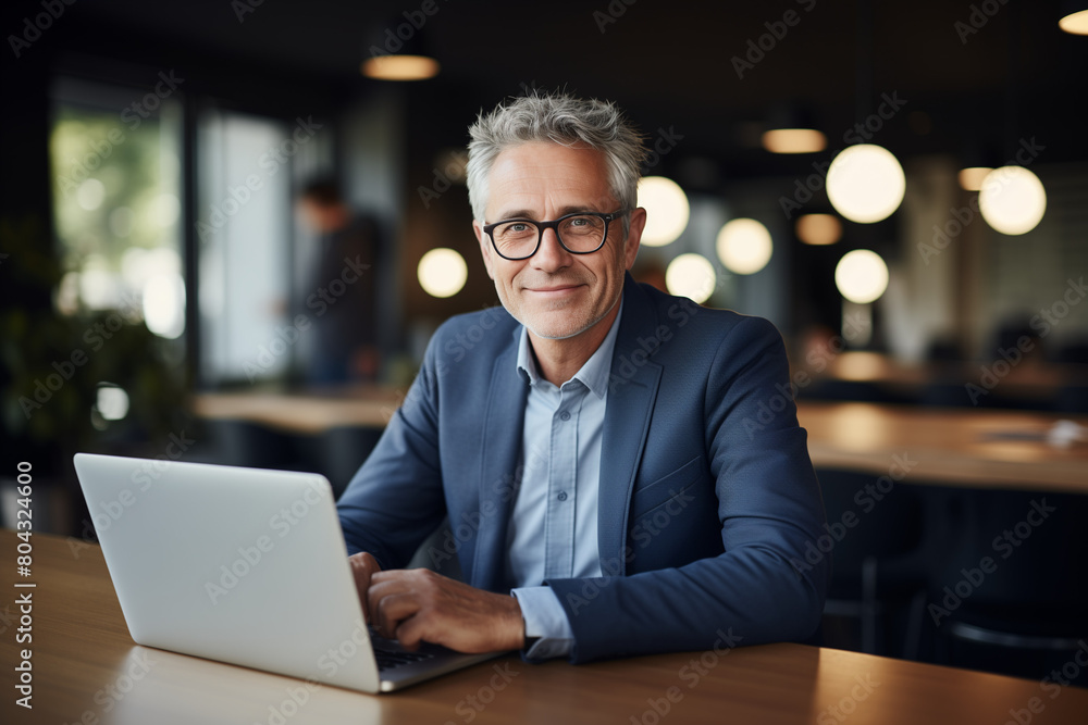 Portrait of a smiling senior businessman working on his laptop in a modern office, wearing a blue suit jacket with glasses, sitting behind a wooden table. Portrait of a smiling senior businessman working on his laptop in a modern office, wearing a blue suit jacket with glasses, sitting behind a wooden table.