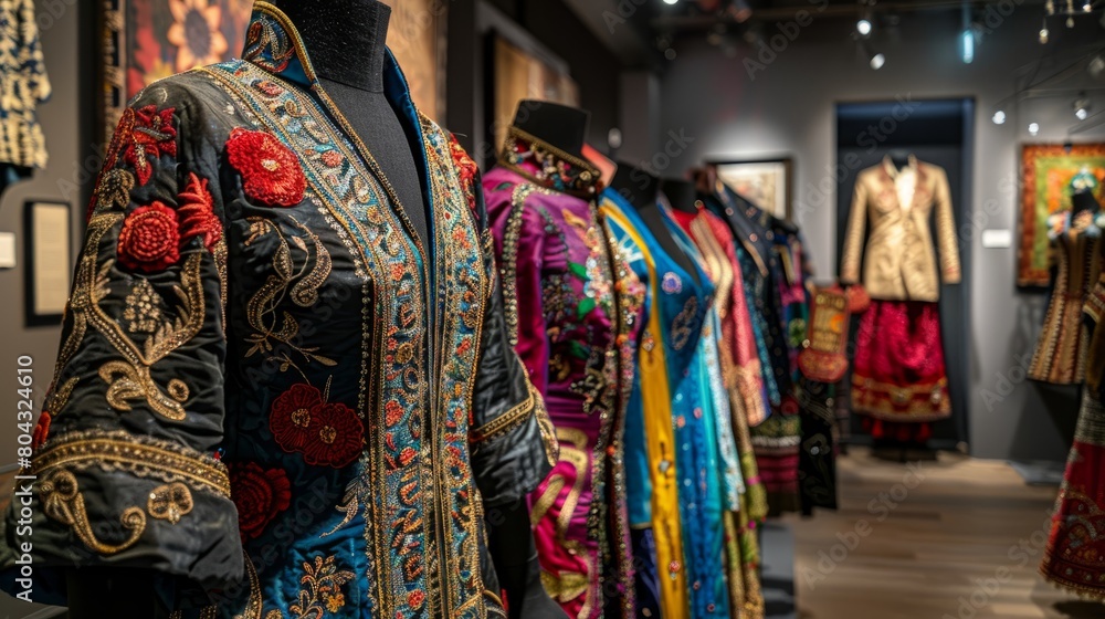 A collection of traditional Uzbek silk and cotton robes embroidered with gold and silver thread.