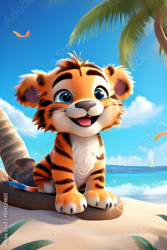 AI Generated Realistic 3D Illustration Of A Tiger On The Beach Against A Bright Blue Sky