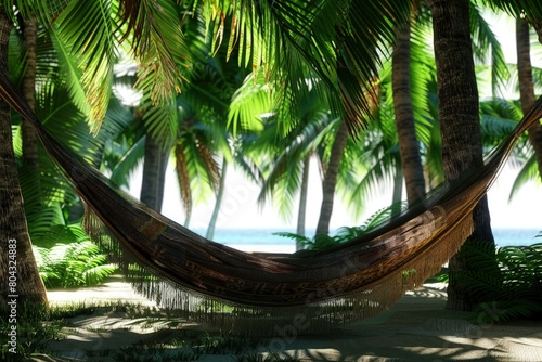 a hammock hanging between two palm trees