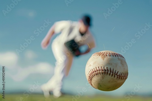Baseball ball being thrown by pitcher, blurred background, sport, leisure concept.