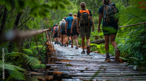 A group of hikers walking on a wooden bridge in the jungle