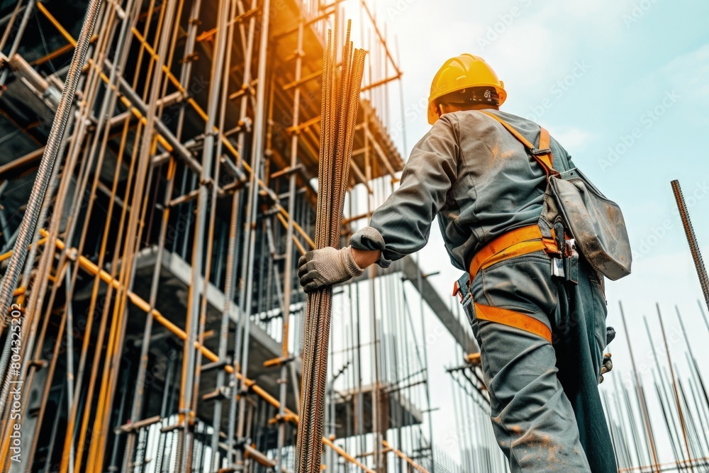 Worker with overalls and helmet in construction, concept of Labor Day, Construction Worker, Construction Project. Worker with overalls and helmet in construction, concept of Labor Day, Construction Worker, Construction Project.