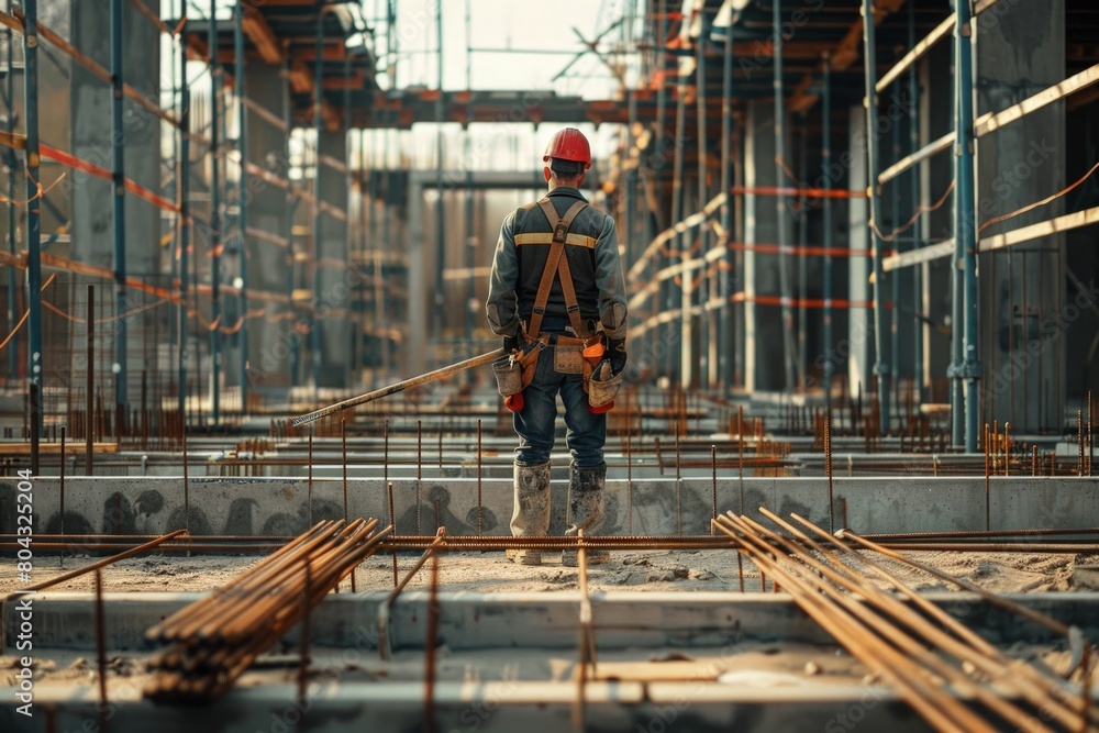 Fototapeta premium Worker with overalls and helmet in construction, concept of Labor Day, Construction Worker, Construction Project.