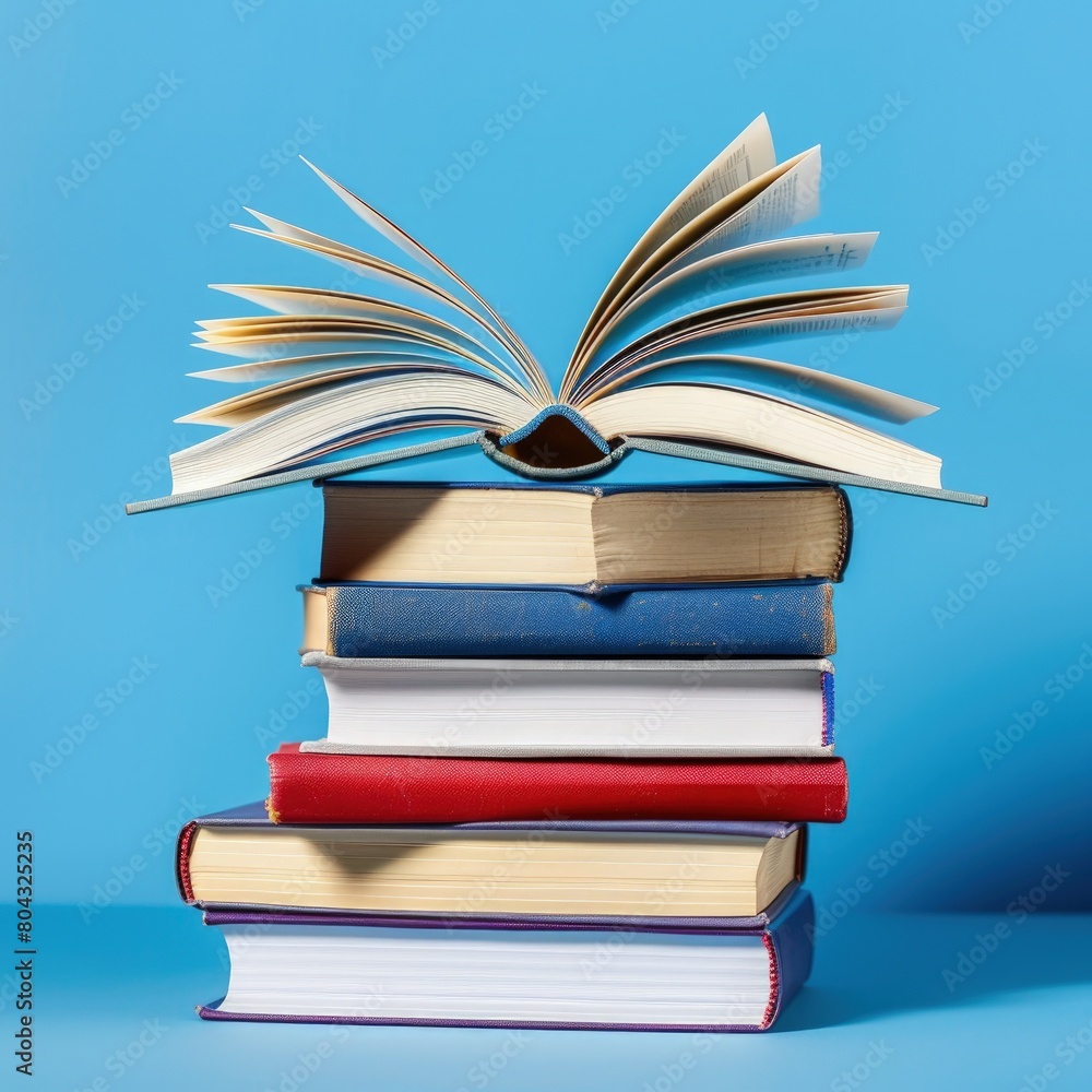 Fototapeta premium A stack of books with an open book on top, concept of Back to School, books education, literary.