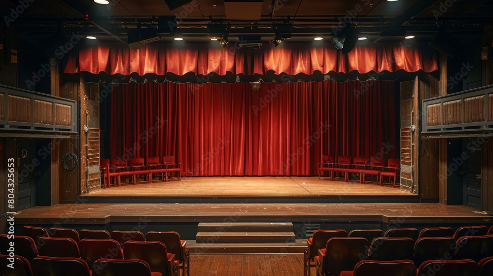 An empty theater stage with red curtains and chairs