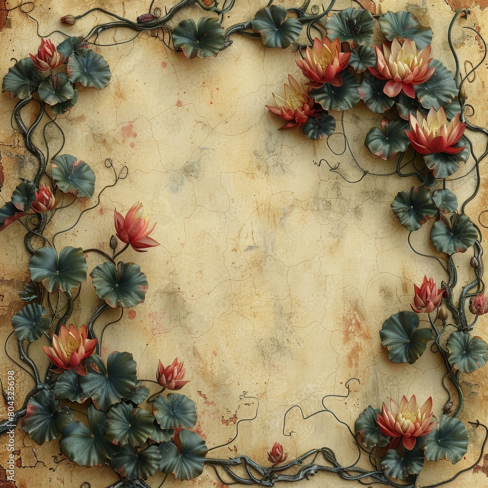 A highly detailed painting of a background with a floral frame of water lilies and vines. A highly detailed painting of a background with a floral frame of water lilies and vines.