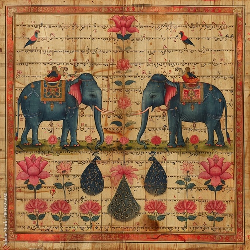 A pair of blue elephants with red saddles stand facing each other with their trunks intertwined. They are surrounded by a lush garden with pink and white flowers, and two peacocks stand in the center. photo