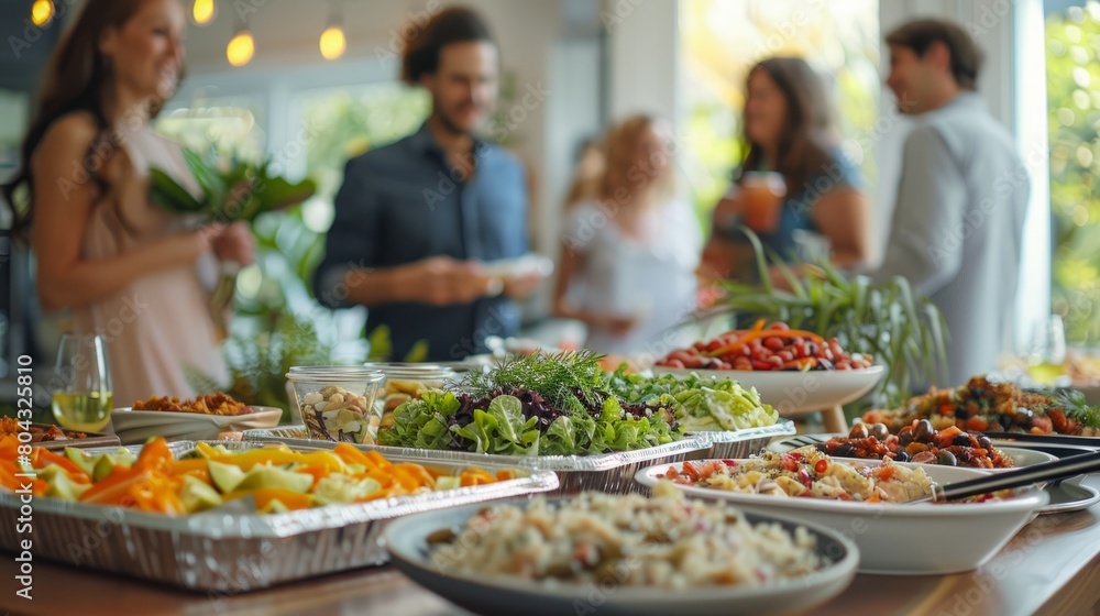 A group of people are gathered around a table of food. There are various dishes, including salads, pasta, and vegetables. A group of people are gathered around a table of food. There are various dishes, including salads, pasta, and vegetables.