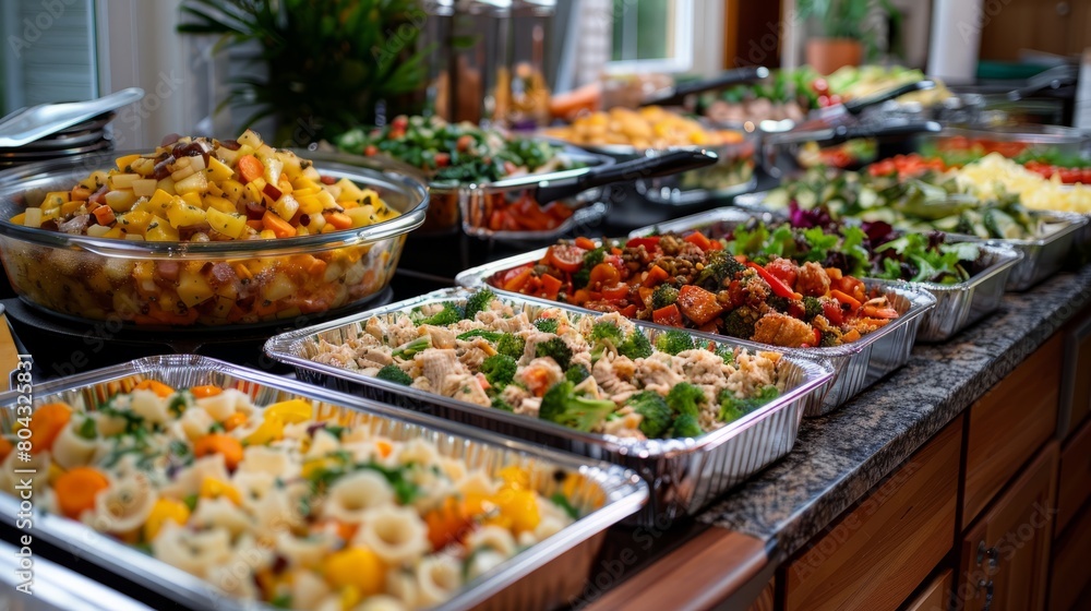 A buffet table full of delicious food.