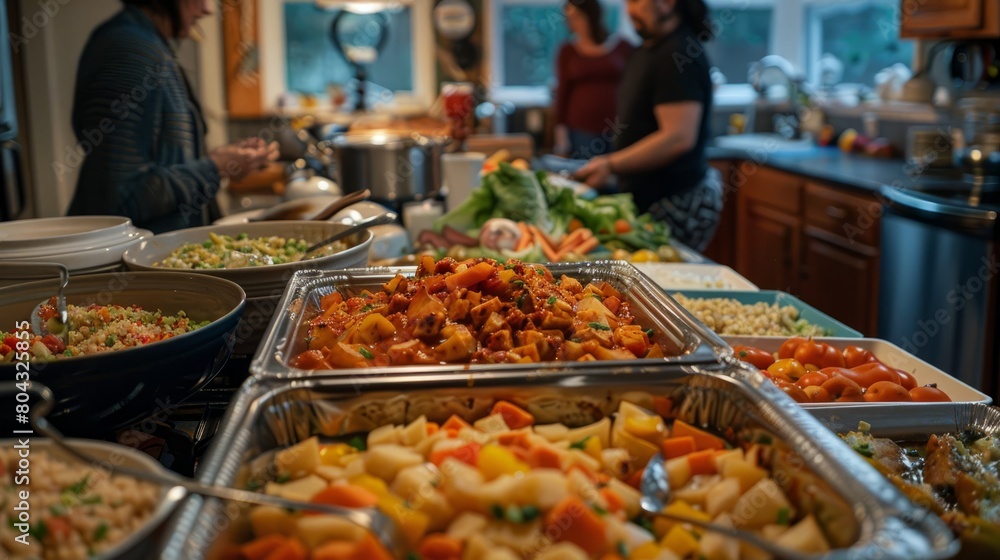 A buffet table full of delicious food, with people in the background talking and laughing.