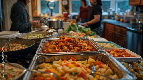 A buffet table full of delicious food, with people in the background talking and laughing.