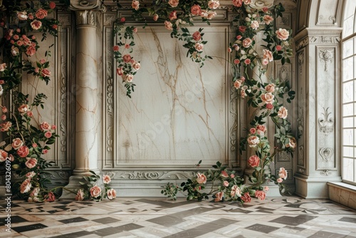 Marble wall with Corinthian pilasters, decorated with climbing pink roses photo