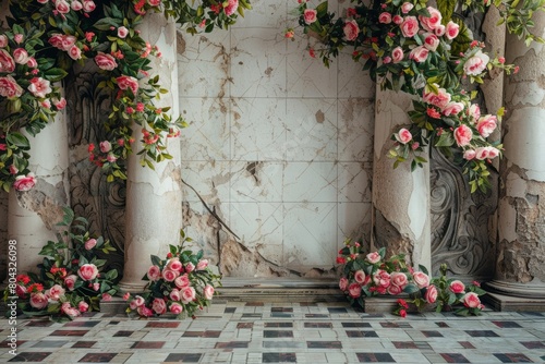 Pink roses climbing up marble columns © Lucky_jl