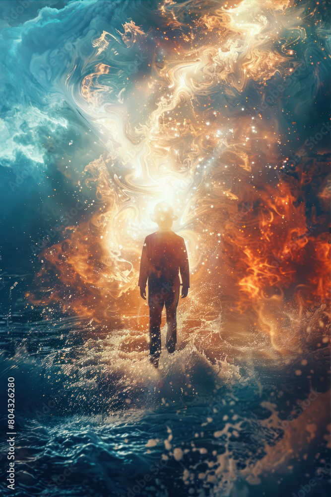 Fototapeta premium Fantasy scene with a man standing in the middle of the night