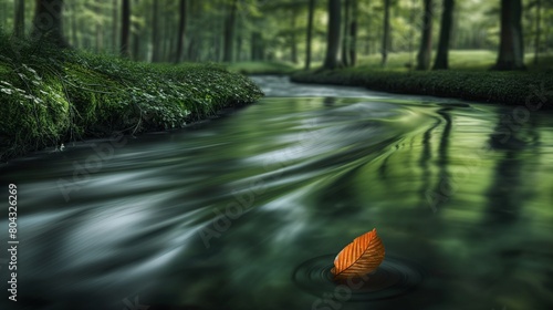 A single leaf floating down a gently flowing stream  the water s surface creating smooth  flowing lines that guide the leaf s journey through a serene forest setting. 32k