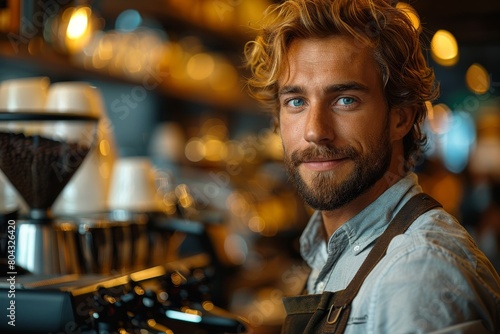 Handsome male barista with blue eyes and a beard at work in a modern cafe photo