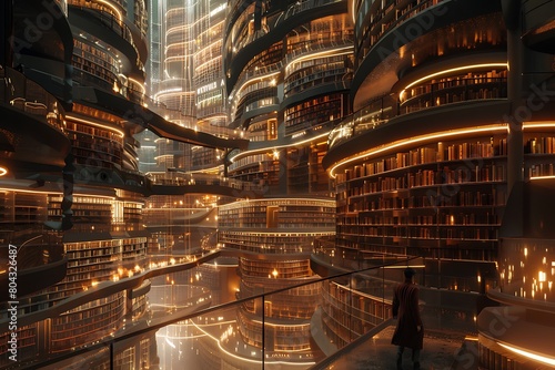 Panoramic 3D rendering of a colossal library, showcasing vast shelves stacked with glowing holographic books and emphasizing the immensity of the space.