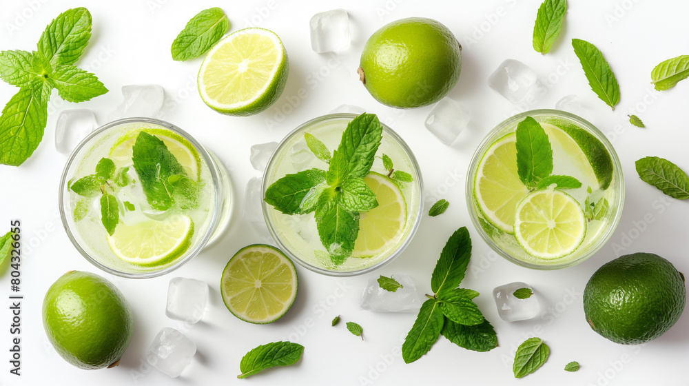 Mojito cocktail or soda drink with lime and mint isolated on white background. From top view. Mojito cocktail or soda drink with lime and mint isolated on white background. From top view.