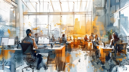 An illustration of a busy office environment with people working at their desks and a bright light coming in from the windows.