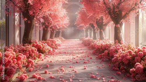 Pink trees and flowers in a park photo