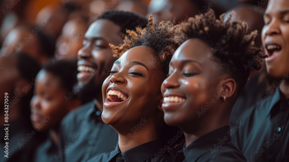 A group of black singers with eyes closed singing joyfully in a church A group of black singers with eyes closed singing joyfully in a church