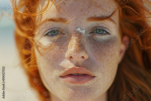 Redhead woman face with freckles with sunscreen, summer concept, sun protection.