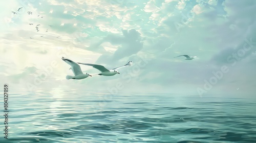 Lovebirds flying on the sea