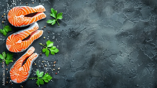 Fresh raw salmon fillet cut into pieces arranged on wooden table for sale in photo stock photo