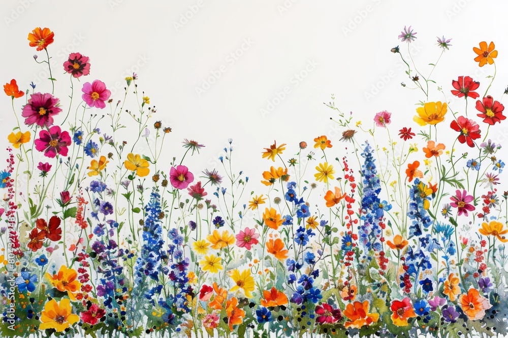 A watercolor painting of a field of flowers, with a white background. The flowers are mostly blue, purple, and yellow, with some orange and pink. The flowers are arranged in a loose, natural way, and A watercolor painting of a field of flowers, with a white background. The flowers are mostly blue, purple, and yellow, with some orange and pink. The flowers are arranged in a loose, natural way, and