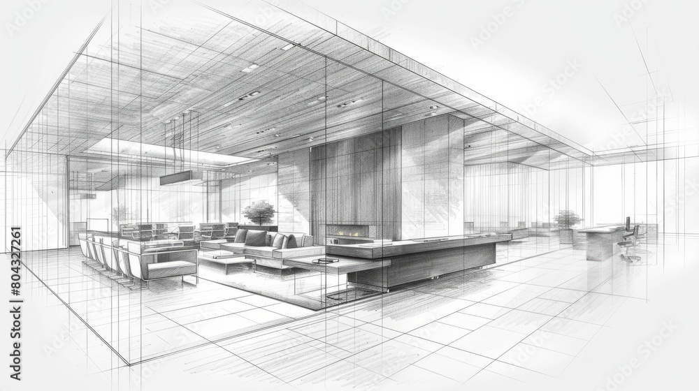 An architectural sketch of a modern office interior