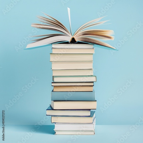 A stack of books with an open book on top, concept of Back to School, books education, literary. © Deivison