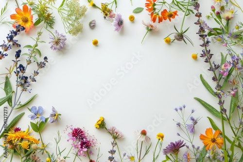 A variety of flowers and leaves are arranged on a white background. photo
