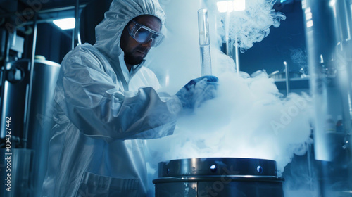 Scientist man in a protective white suit conducting works with dry ice, cryogenic engineering experiments, banner photo