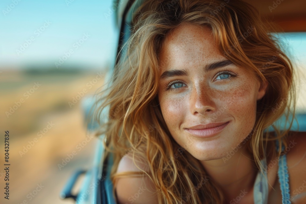 A beautiful woman with beachy wavy hair and a sincere smile by the seaside A beautiful woman with beachy wavy hair and a sincere smile by the seaside