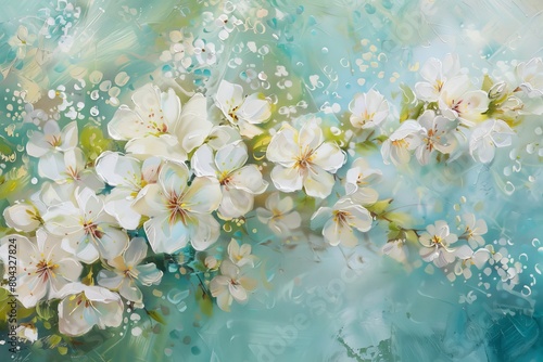 A painting of white cherry blossoms on a blue background in an impressionist style. photo