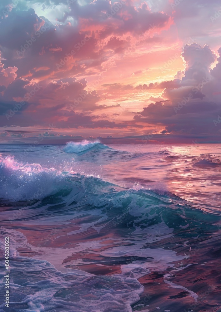 A beautiful sunset over the ocean. The sky is a gradient of pink, orange, and yellow, and the water is a deep blue. The waves are crashing on the shore, and the sun is setting behind the horizon.