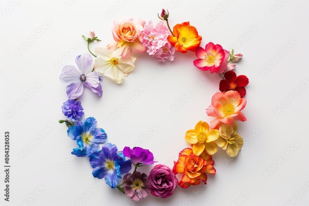 A circle of flowers of different colors on a white background. A circle of flowers of different colors on a white background.