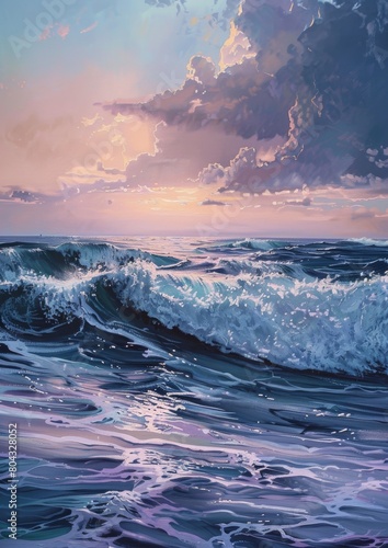 A painting of a stormy sea with large, crashing waves. The sky is dark and cloudy, with a few rays of sunlight breaking through the clouds. The water is a deep blue color, with white foam on the waves