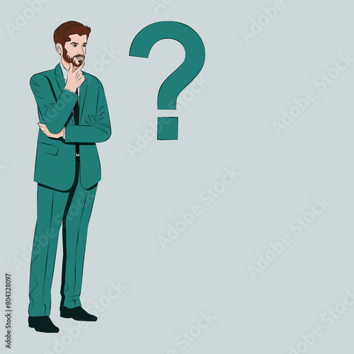 A man thinks about problems and questions during the decision-making process. Business concept. Outline vector illustration.