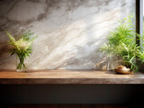 Indoor plants on a wooden surface with a marbled background, natural light, conveys a concept of freshness and interior decor, Generative AI. Generative AI